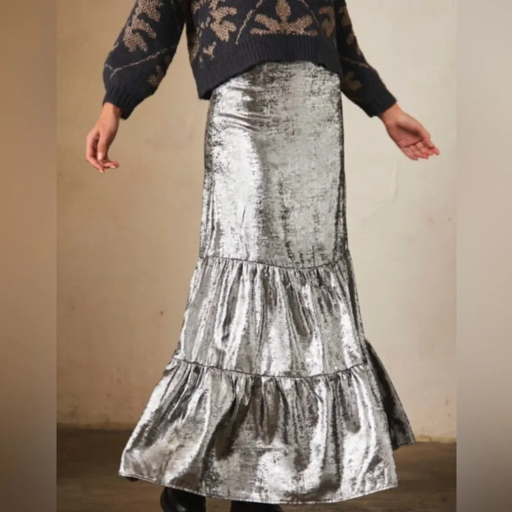 NWT NKN Nekane Metallic Silver Tiered Maxi Skirt - Medium - $140 MSRP - Picture 1 of 7